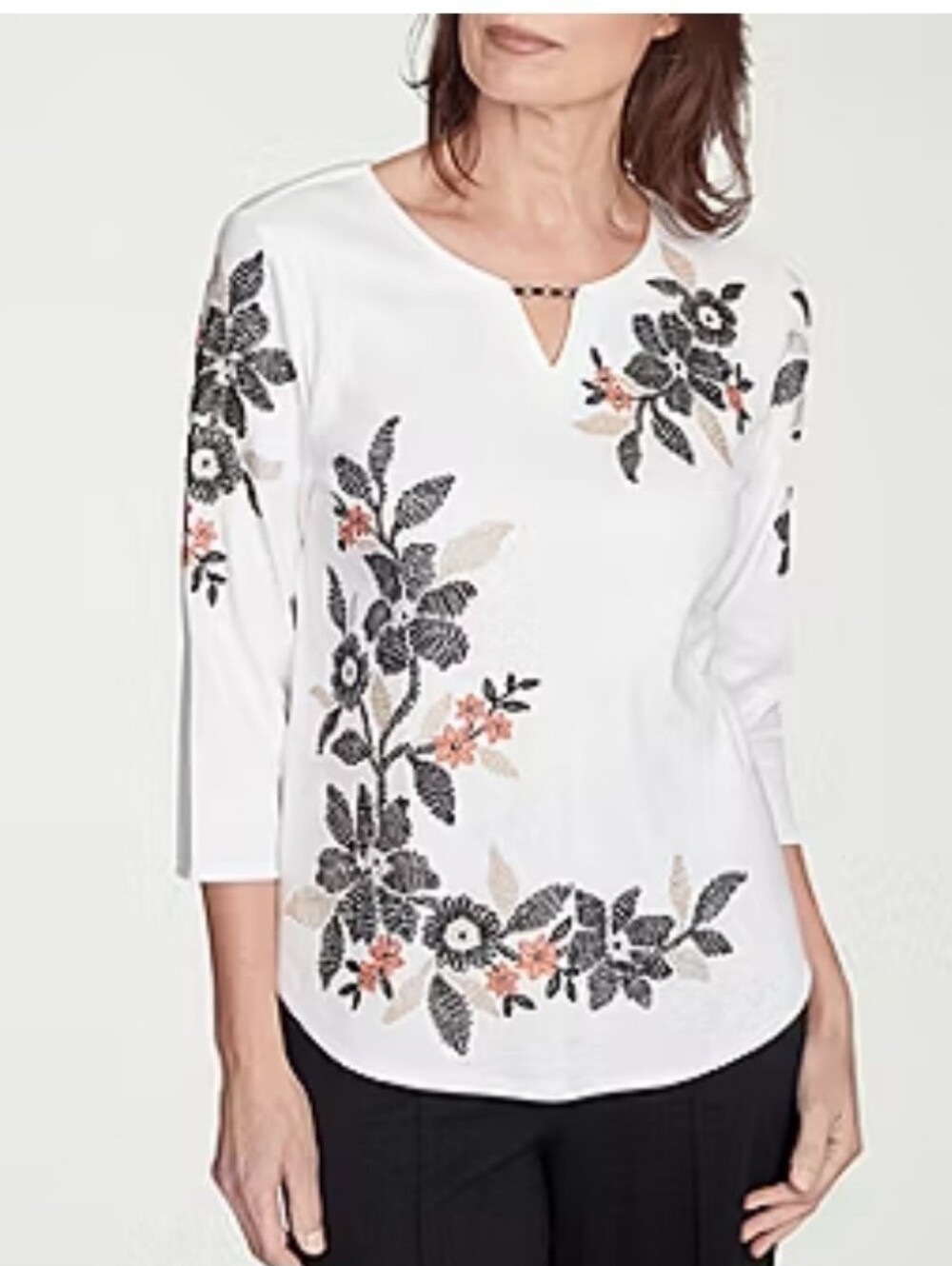 Alfred Dunner Natural Instinct Womens Split Crew Neck 3/4 Sleeve T-Shirt